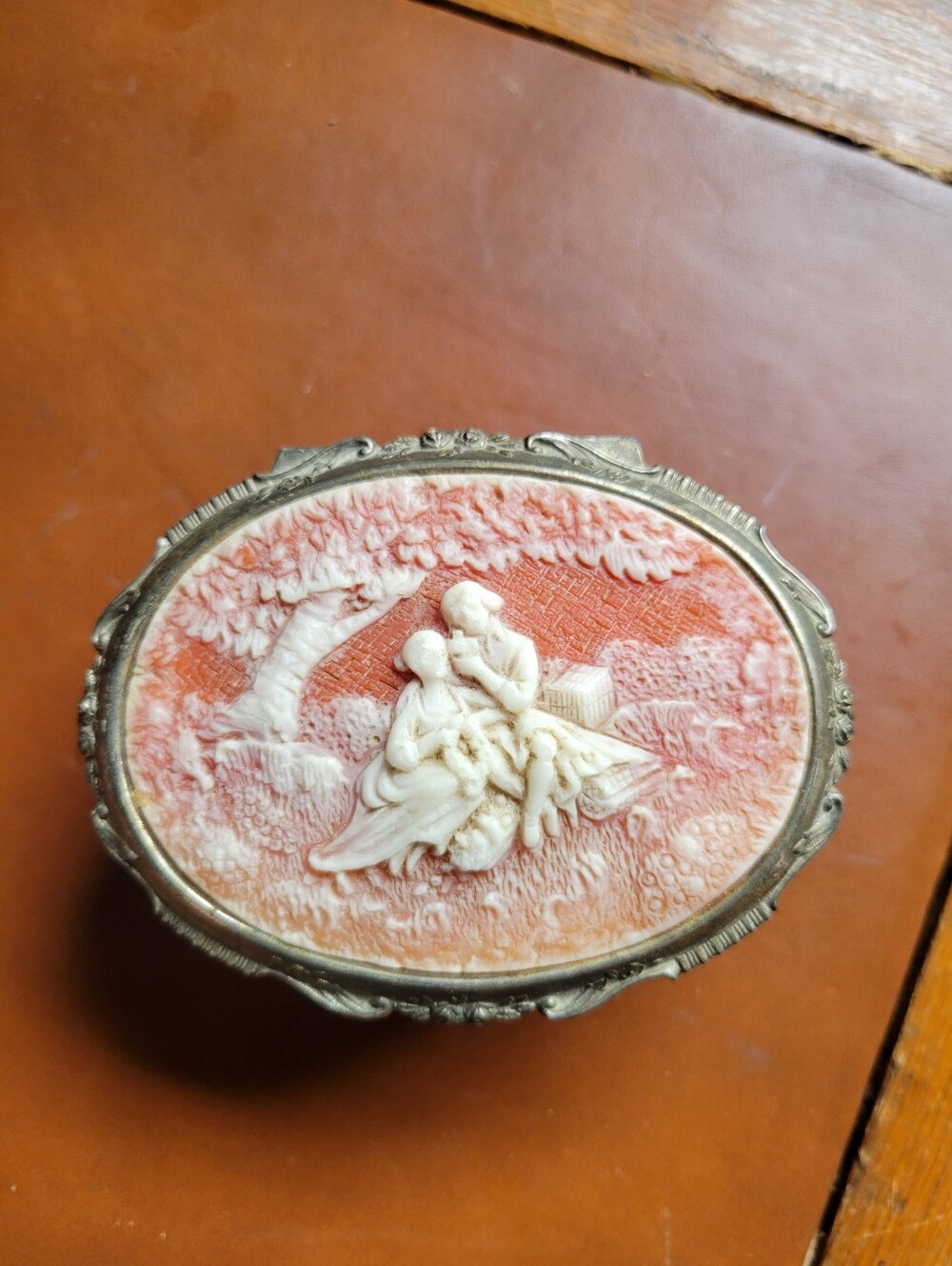 Vintage Ornate Trinket Box with Pink Faux-Cameo Lid, Red Velvet Inside Japan